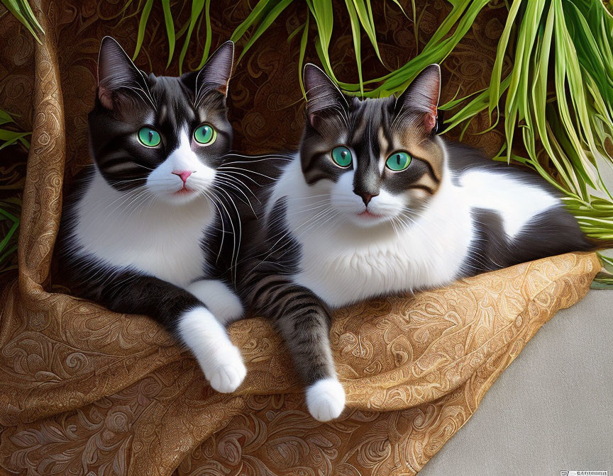 Two black and white cats with striking green eyes on patterned fabric near green plant