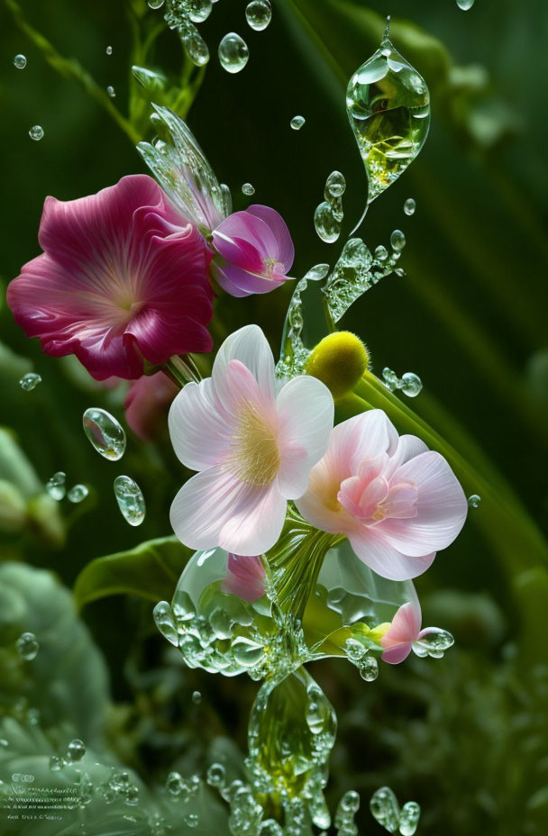 Colorful flowers with translucent petals and water droplets on green background