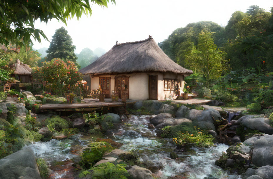 Tranquil Thatched-Roof Cottage by Flowing Stream