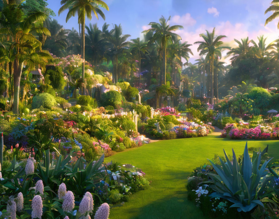 Vibrant Flower Garden with Palm Trees and Manicured Lawns