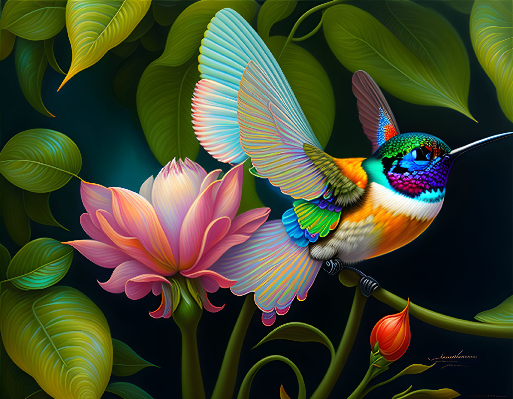 Colorful Hummingbird Approaching Pink Lotus Flower