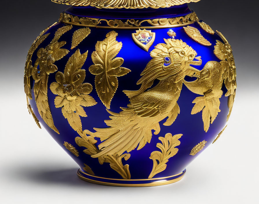 Cobalt Blue Vase with Gold Leaf Patterns and Bird Motifs