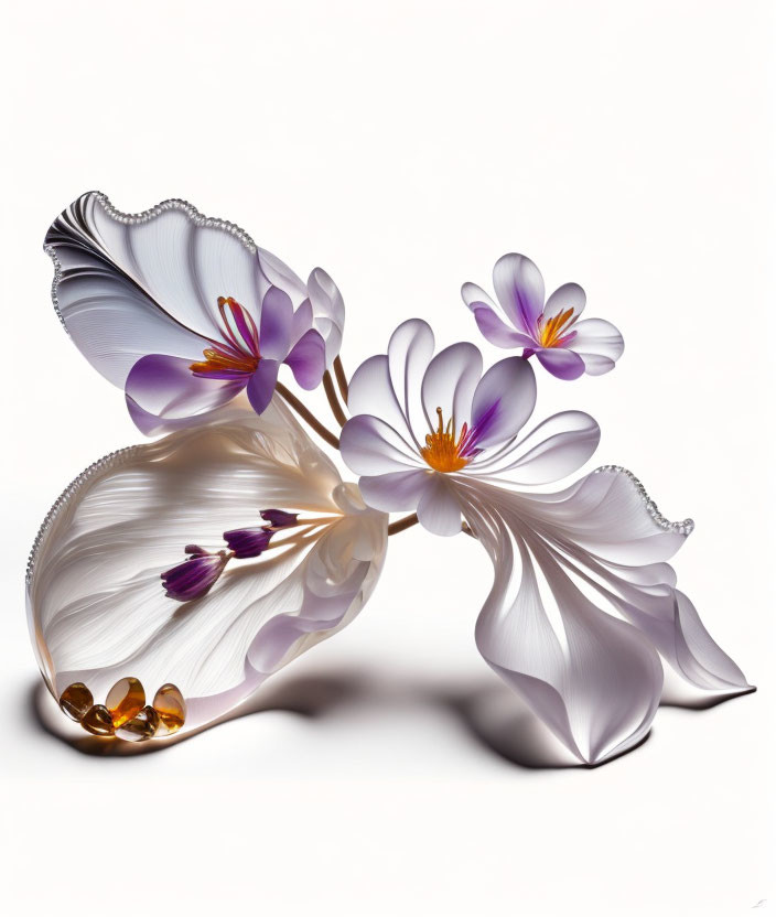 Translucent purple and white stylized flowers on white background