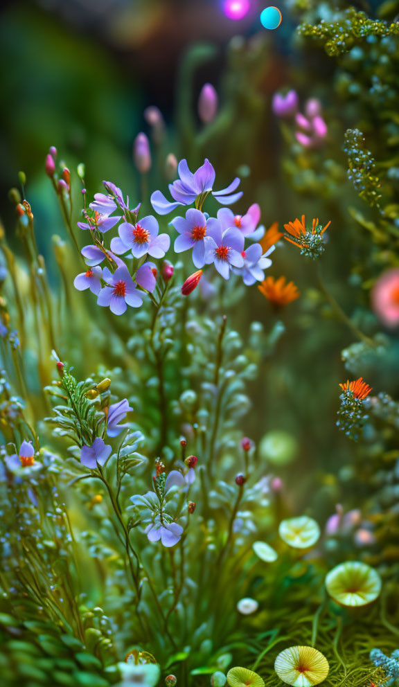 Close-up of delicate purple flowers with blurry bokeh background among greenery, hints of orange and aqu