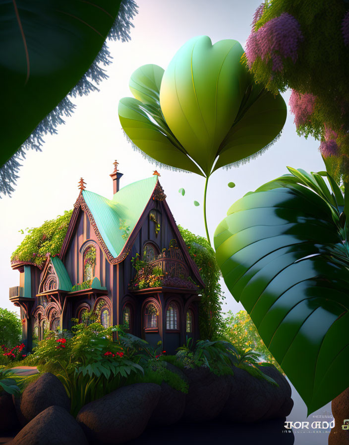 Gothic-style house in fantasy setting with oversized plant leaves and floating orbs