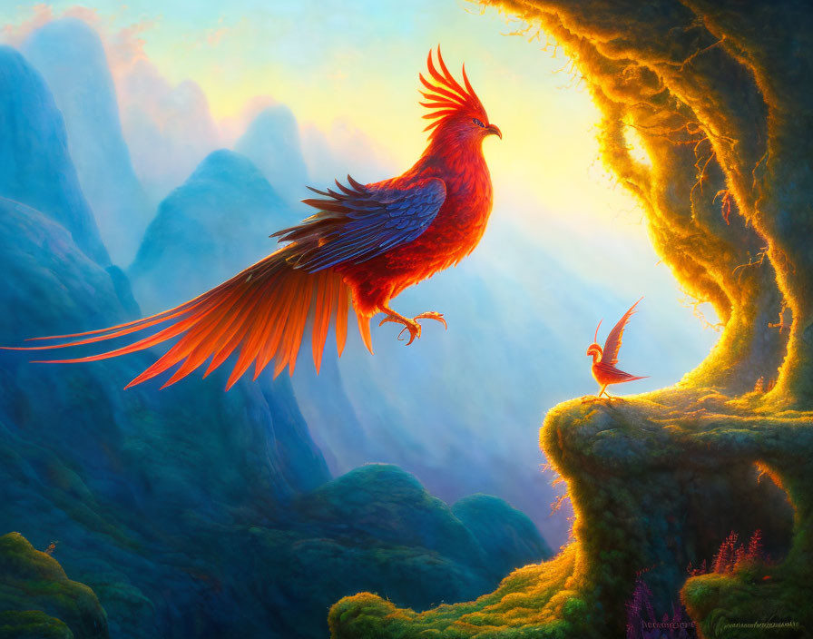 Fantastical illustration: Two majestic red phoenix birds in lush landscape