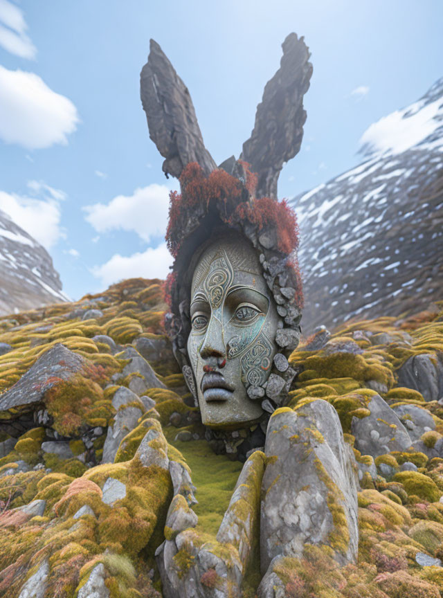 Intricate moss-covered stone face sculpture with feathers on rocky landscape