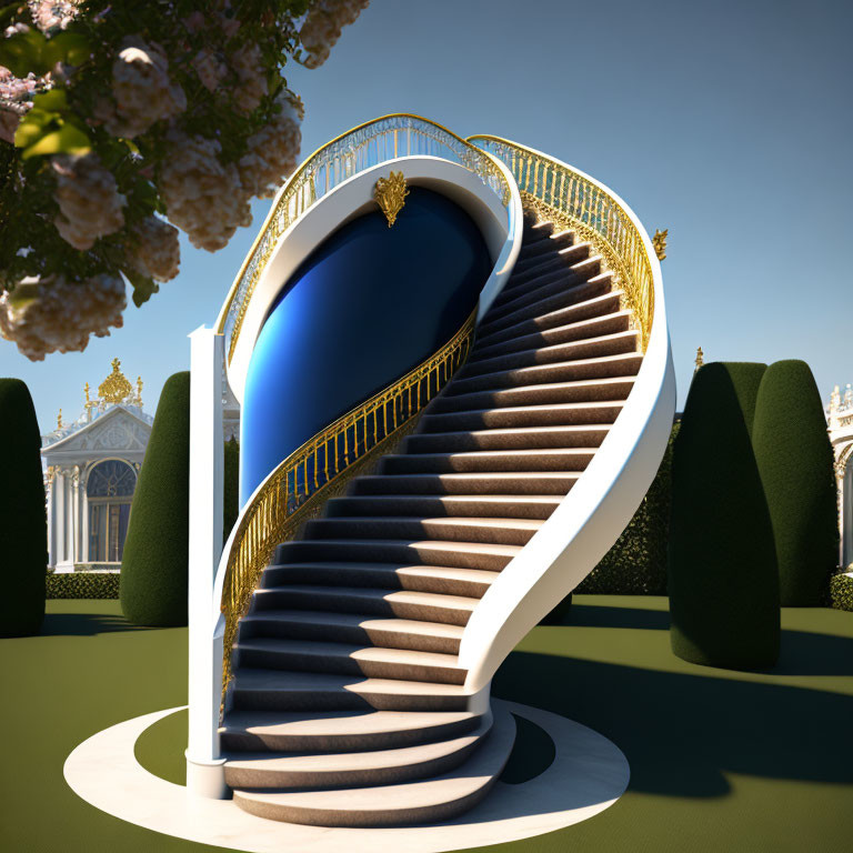 Ornate spiral staircase with gold railings in manicured garden