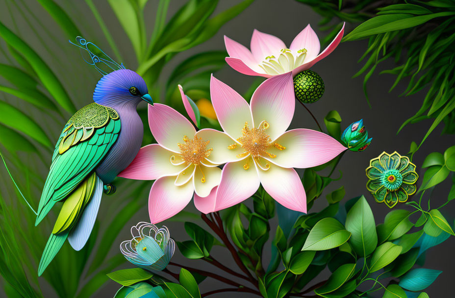 Vibrant blue bird perched on pink blossoms in digital scene
