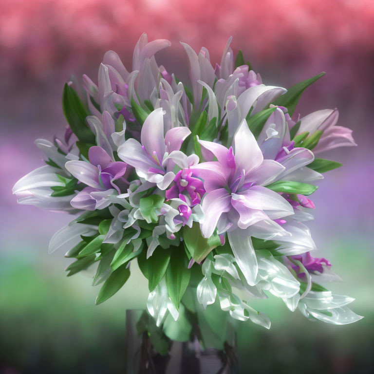 Purple Flowers Bouquet in Glass Vase on Blurred Background