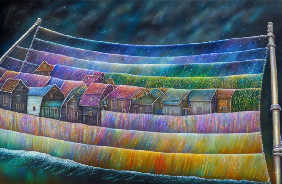 Whimsical painting of colorful houses on curved landscape