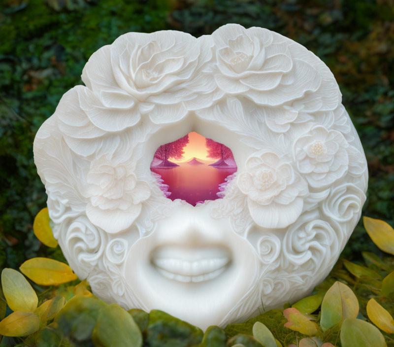 Surreal white floral mask with serene smile and sunset view through eye holes