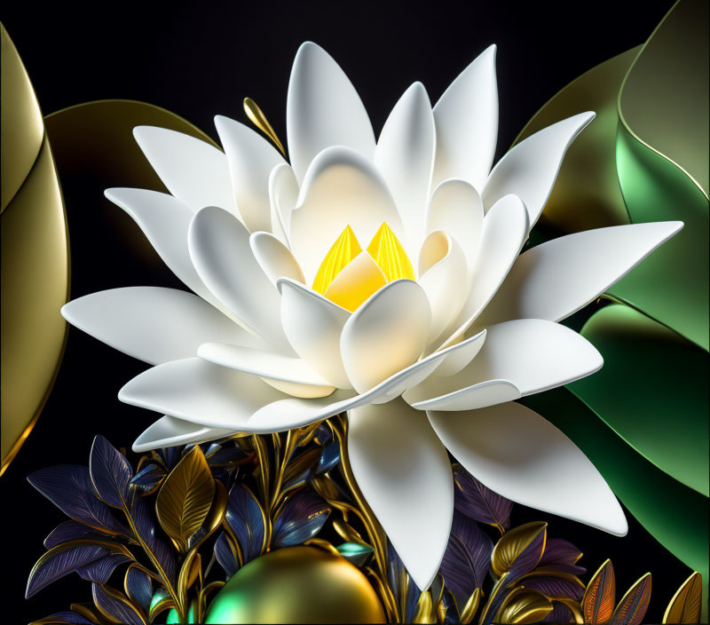 Digital artwork: White lotus with luminous center and metallic leaves in gold and black