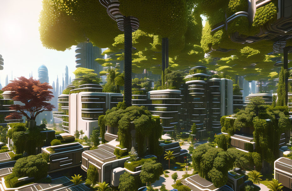 Futuristic cityscape featuring greenery, advanced architecture, and eco-friendly design