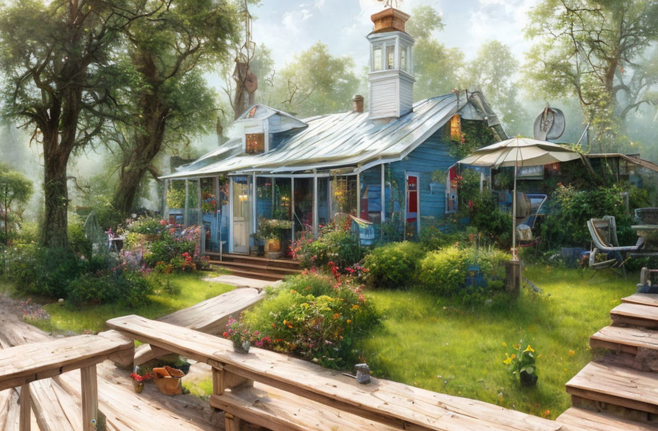 Sunlit cottage with blue roof, lush greenery, flowers, cozy porch, wooden bridge