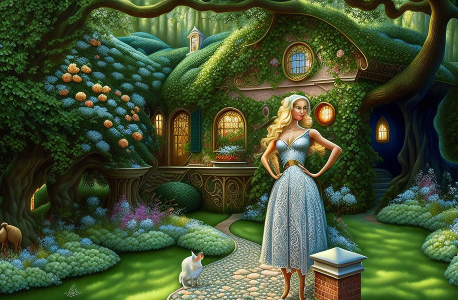 Woman in Blue Dress Standing by Enchanting Ivy-Covered Cottage