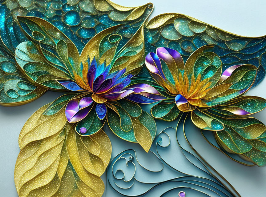 Colorful 3D paper art of shimmering leaves and intricate flowers