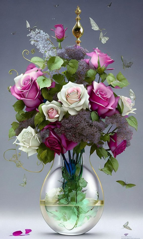 Pink and White Roses in Ornate Vase with Butterflies on Grey Background