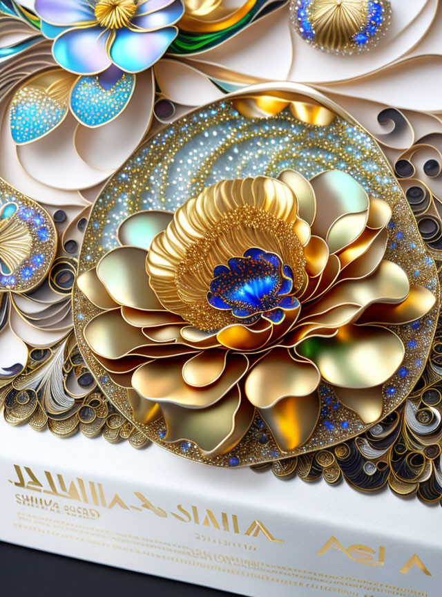 Detailed 3D paper art of gold and blue layered flower