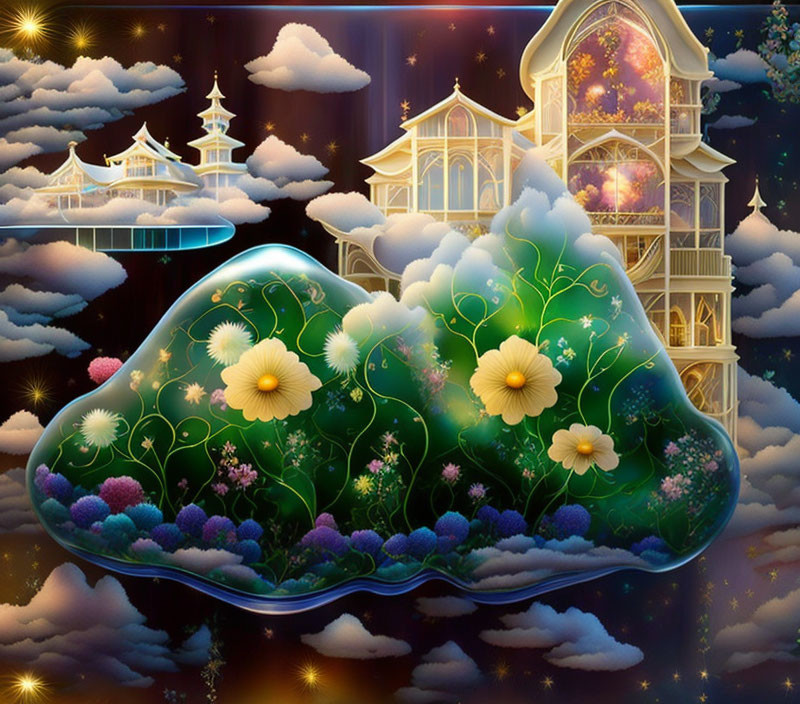 Digitally created whimsical scene: floating cloud islands, vibrant gardens, glowing flowers, fantastical architecture