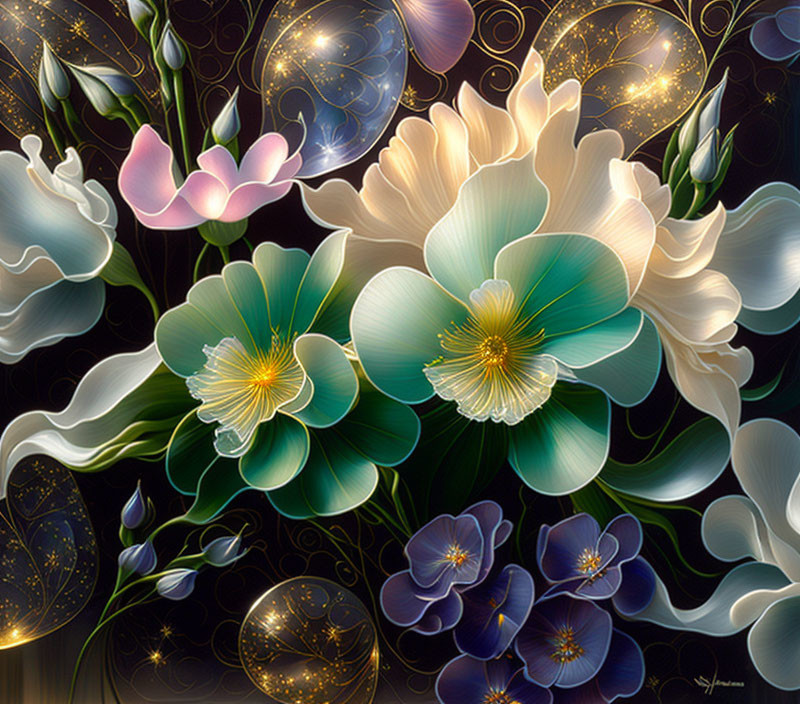 Fantastical artwork: Oversized glowing flowers and spark-filled bubbles on dark background
