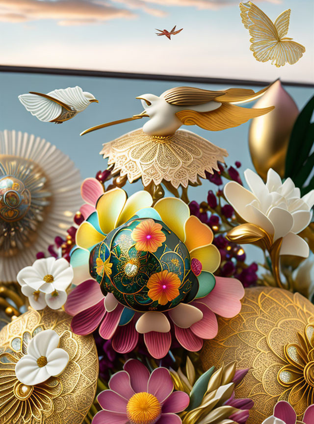 Bird Flying Over Whimsical Floral and Gold Composition