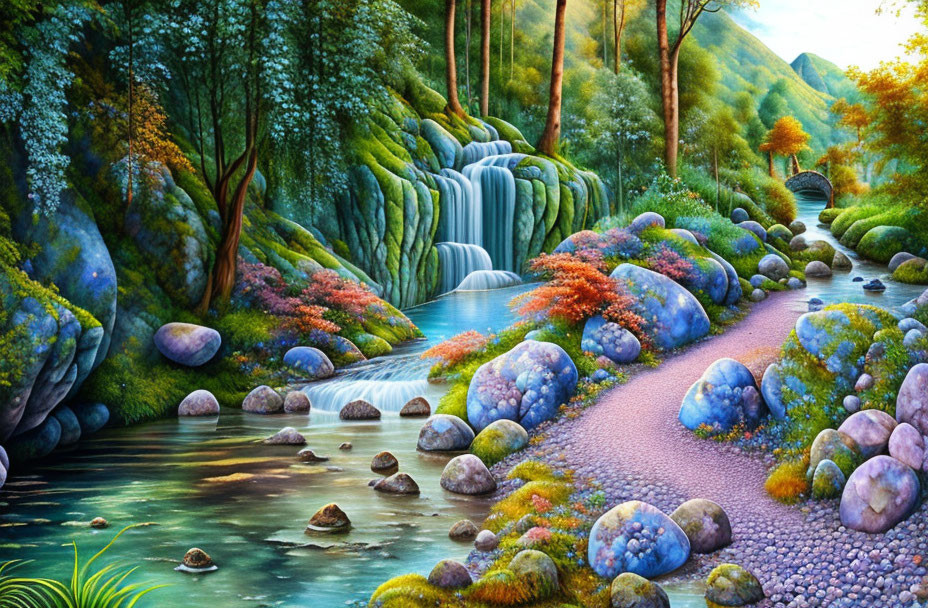 Lush landscape with waterfall, river, path & foliage