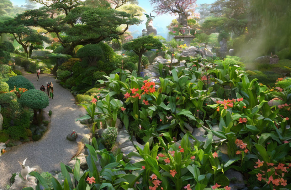 Vibrant flower garden with stone pathway and people strolling