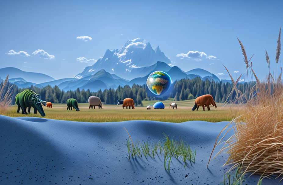 Surreal landscape with plush toy animals and floating Earth