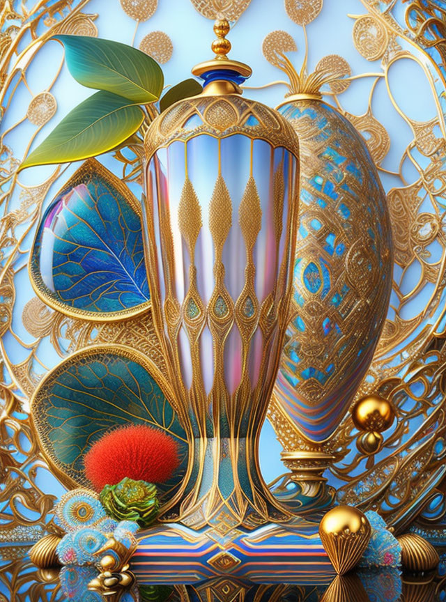 Colorful Ornate Vase with Gold Filigree and Intricate Patterns
