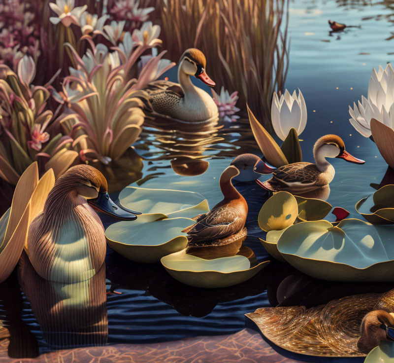 Tranquil sunset scene: Ducks on serene pond with water lilies