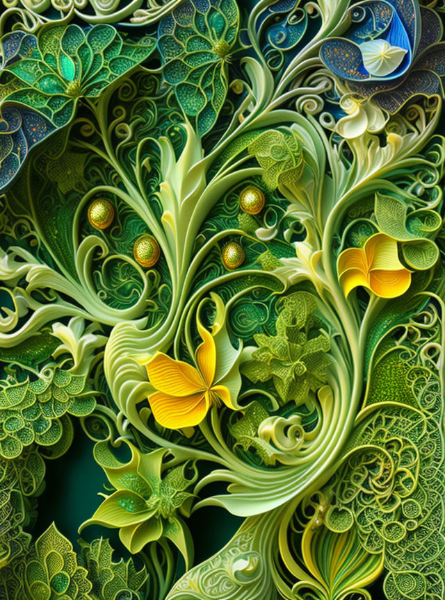 Colorful digital artwork: intricate leaf patterns in green, yellow, and blue.