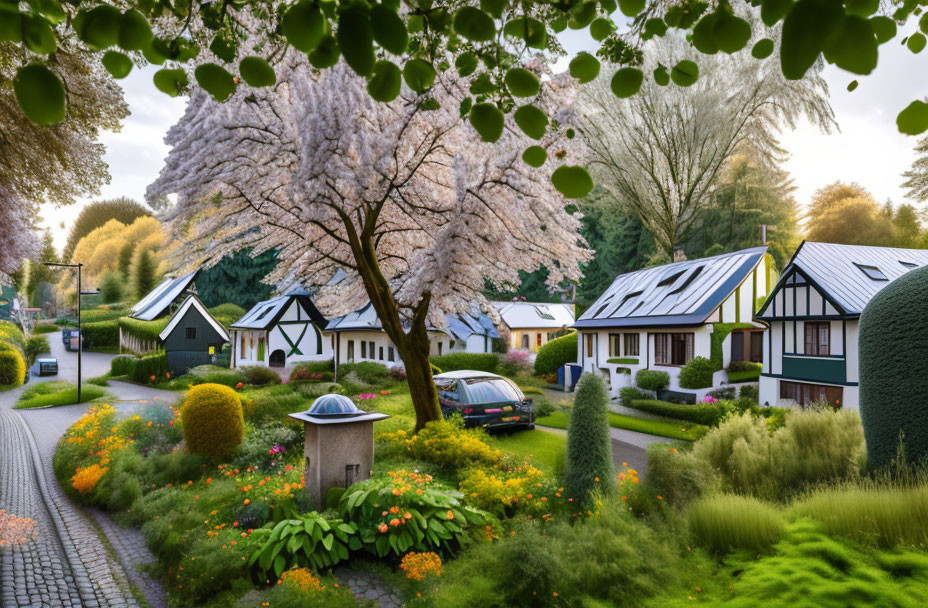 Charming Spring Street with Blooming Gardens