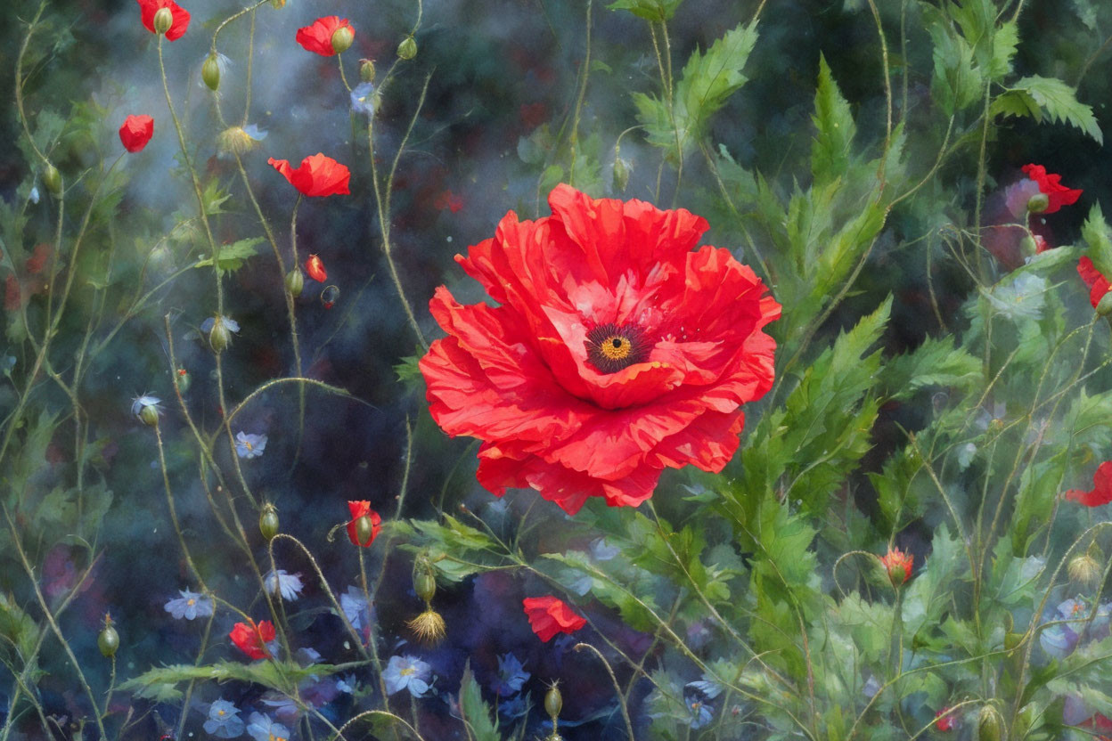 Vibrant red poppy among green foliage and blue/white flowers with soft-focus effect.