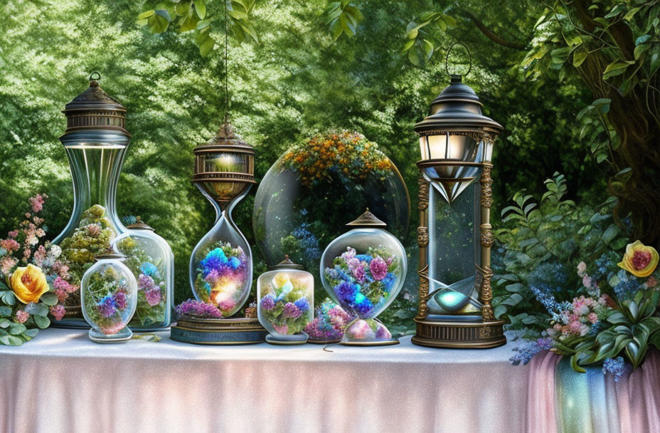 Ornate lanterns and terrariums with vibrant flowers on outdoor table