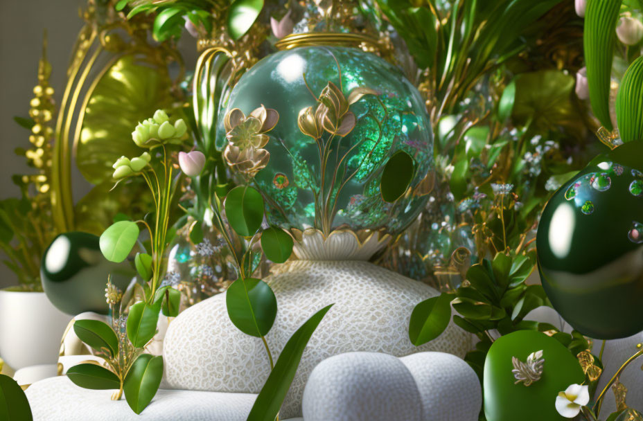 Luxurious still life with green spheres, gold details, white flowers & lush greenery
