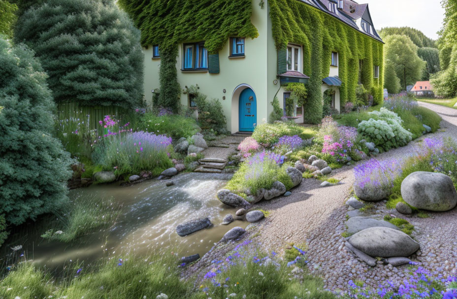 Colorful garden and ivy-covered house by babbling brook