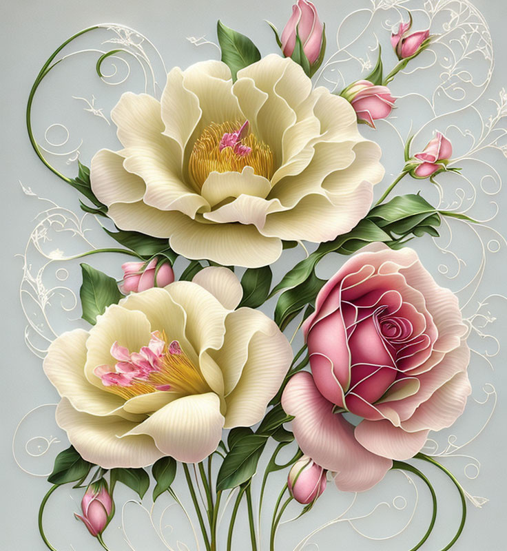 Cream-colored and pink floral bouquet illustration on light background