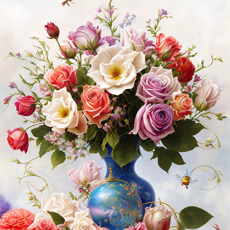 Multicolored rose bouquet in ornate blue vase with bumblebee