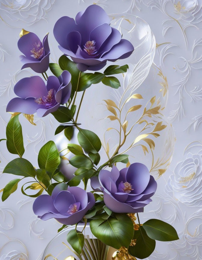 Purple Artificial Flowers with Gold Leaves on White Embossed Background