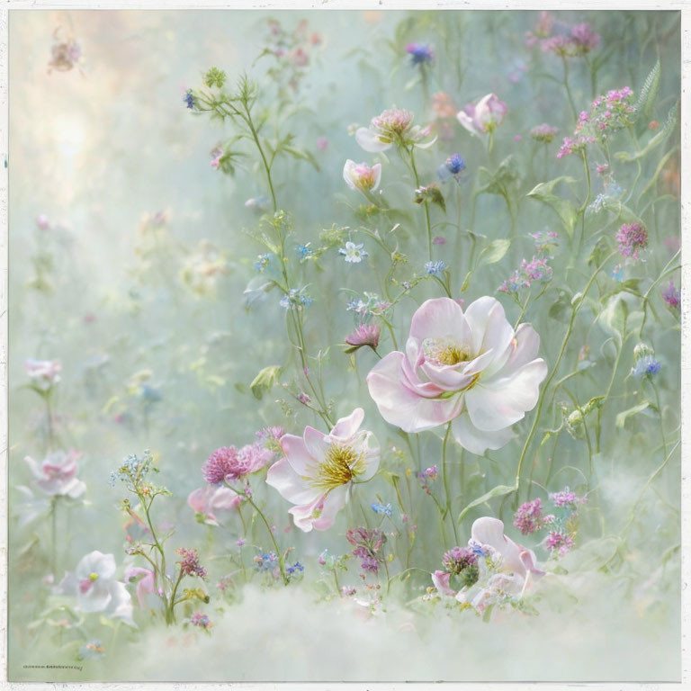 Delicate garden scene with pink and white flowers in misty greenery