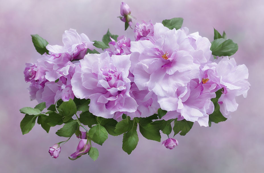 Delicate Pink Roses with Green Leaves on Violet Background