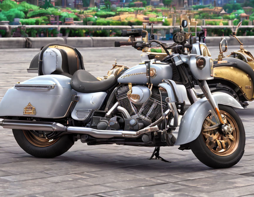 Vintage motorcycles with leather seats and saddlebags on cobblestone – shiny chrome and retro design.