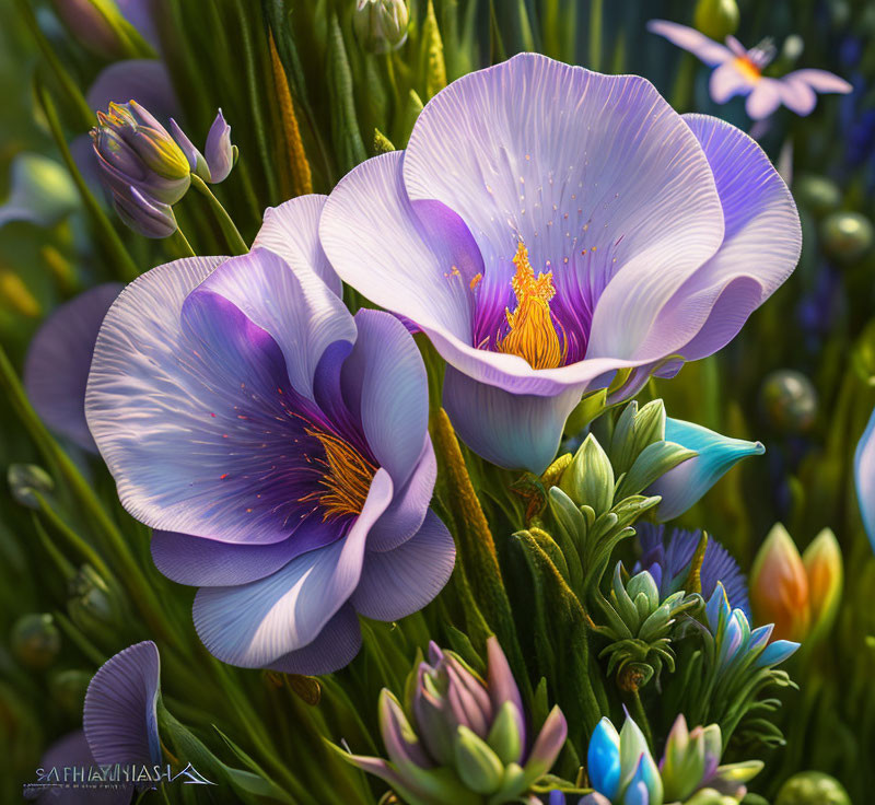 Vibrant purple and white flowers with golden stamens in lush greenery.