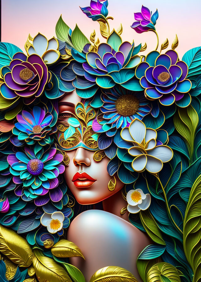 Colorful floral artwork featuring a woman's face with a decorative mask