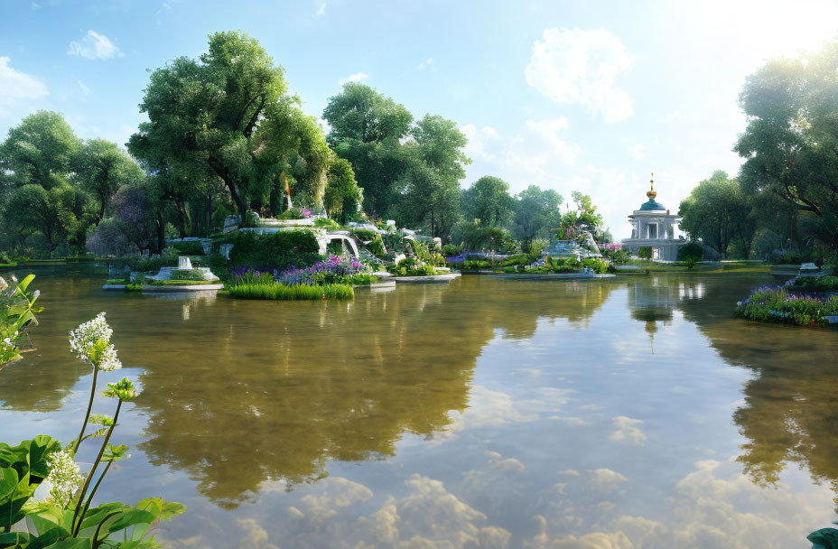 Tranquil garden with lush greenery, blooming flowers, serene pond, classical-style building,