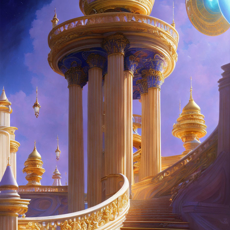 Intricate golden columns and arches in fantastical palace setting