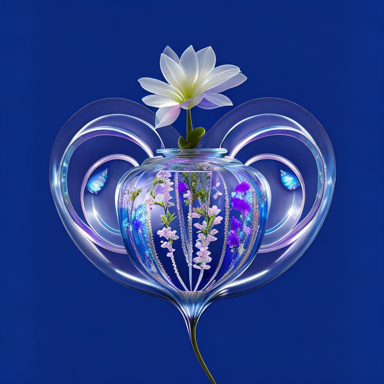 Transparent ornate vase with vibrant ecosystem and lotus on blue background