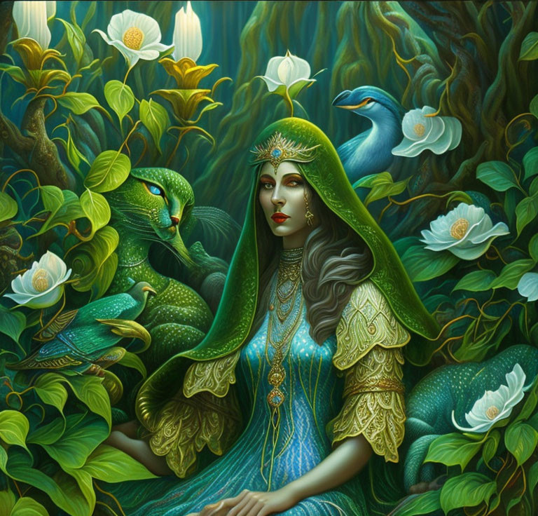 Mystical woman in blue with snake and peacock motifs among lush greenery and white flowers