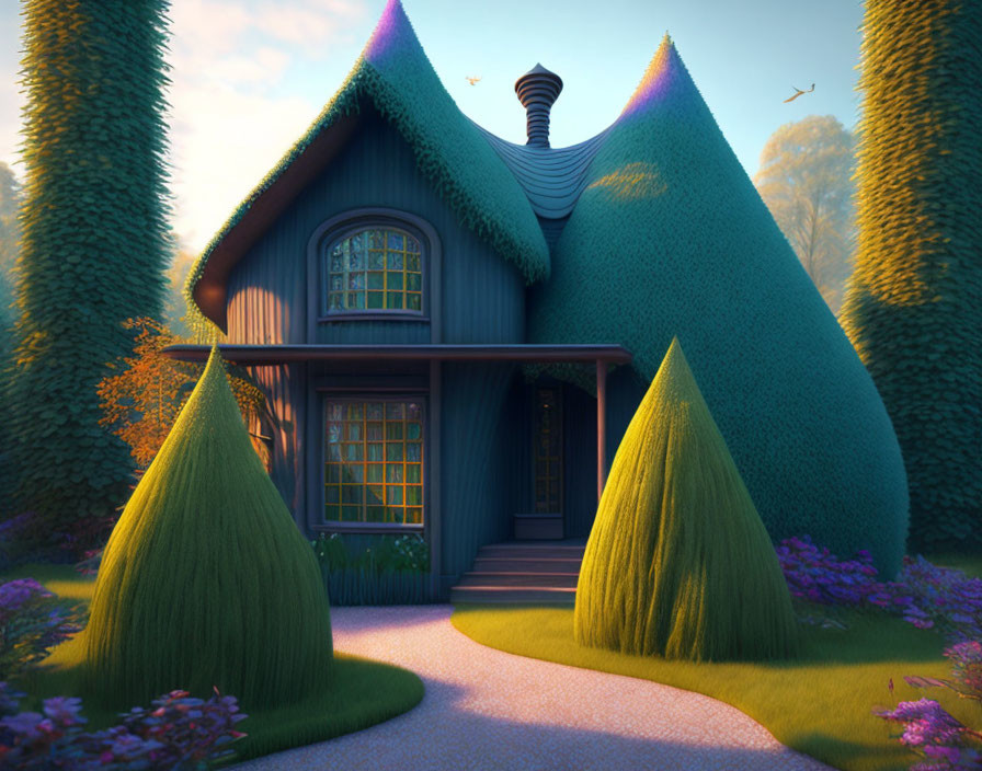 Curved roof cottage in manicured garden twilight.
